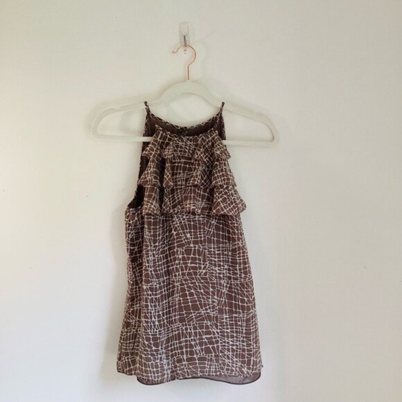 Ann Taylor Brown & White Silk Ruffled Sleeveless Blouse Size S - Picture 3 of 10